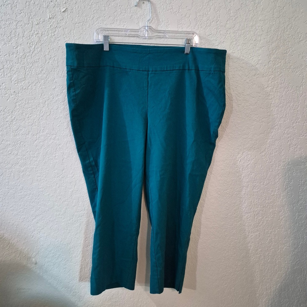 Roz & Ali Stretch Pull On Capri Pants 24 Teal Blue Career Office Slits